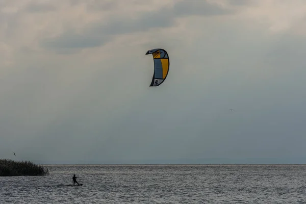 Kite Surfing Κοντά Καλάμι Μια Θάλασσα Και Ισχυρό Άνεμο — Φωτογραφία Αρχείου