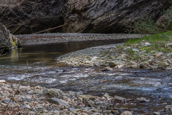Riacho Fluindo Com Rochas Pedras Enquanto Caminhando Primavera — Fotografia de Stock