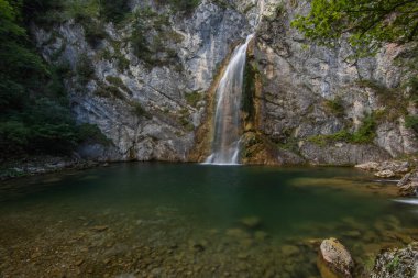 Yazın ormandaki kayalık duvarda güzel bir şelale