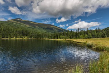 Yazın gölü olan mavi gökyüzünde beyaz bulutlar.
