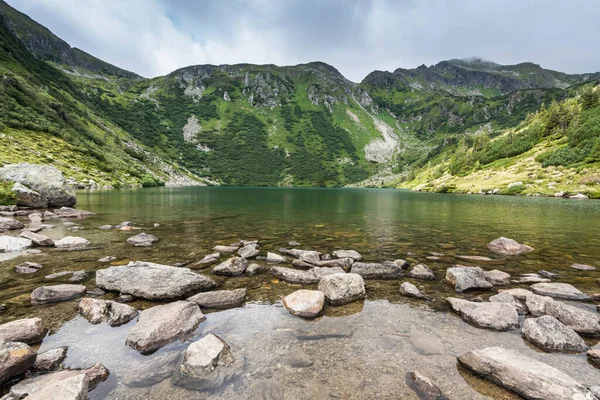 Stenar Vattnet Från Fjällsjö Medan Vandrar Sommaren — Stockfoto