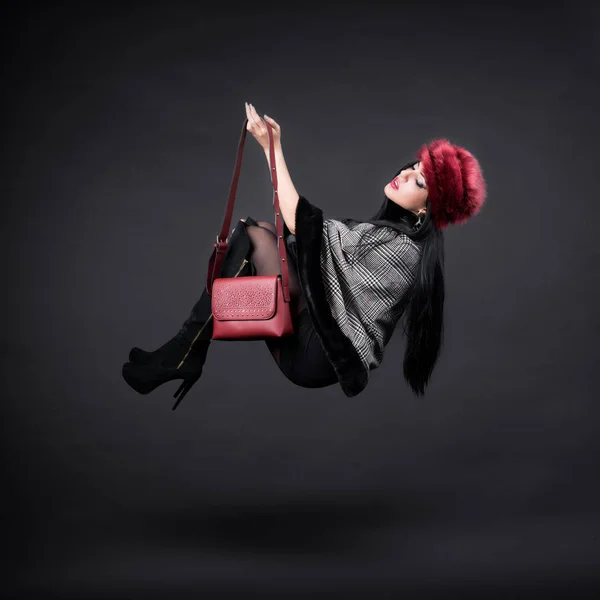 Creative Picture Beautiful Flying Girl Fashion Winter Outfit — Stock Photo, Image