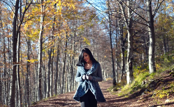 Retrato Moda Mulher Jovem Andando Uma Floresta — Fotografia de Stock