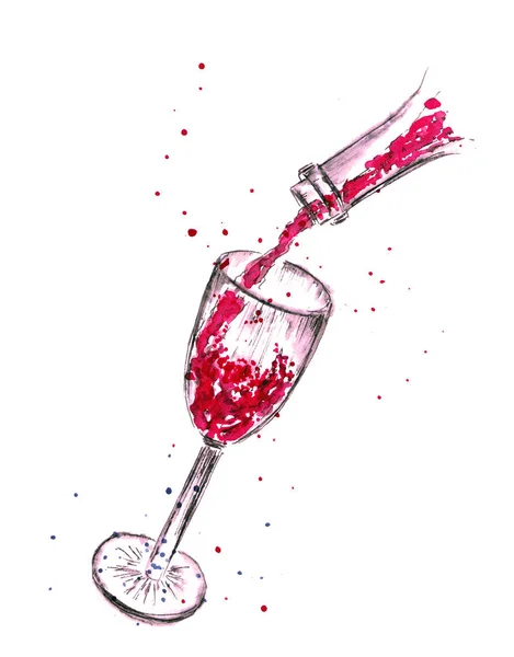 Watercolor illustration of wine glass with red wine and bottle. Watercolor drawing.