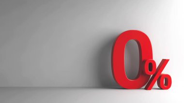 Sıfır yüzde işareti gri arka plan, üç boyutlu render, 3d illüstrasyon kırmızı