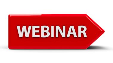 Metin Webinar, üç boyutlu render, 3d illüstrasyon kırmızı simge okla
