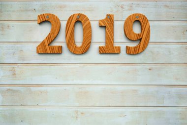 Ahşap zemin üzerine ahşap 2019 üç boyutlu render temsil eden yeni yıl 2019, 3d çizim
