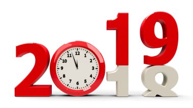 saat kadranı ile 2018-2019 değişiklik gösterir önümüzdeki yeni yıl 2018, üç boyutlu render, 3d çizim