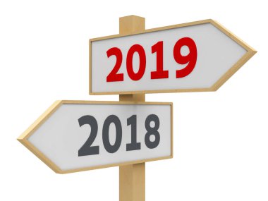 Beyaz arka plan temsil yeni 2019, üç boyutlu değişiminde 2018-2019 ile yol işaret işleme
