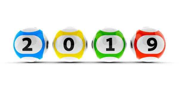 Lottery Balls White Table Represents New 2019 Year Three Dimensional — Stock Photo, Image