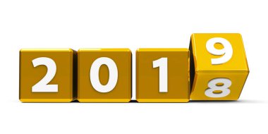 Altın küpleri ile 2018-2019 değişiminde bir beyaz masa temsil yeni 2019, üç boyutlu render, 3d çizim