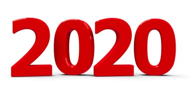 Kırmızı 2020 simge, simge veya beyaz zemin üzerine izole düğmesini temsil eden yeni yıl 2020, üç boyutlu render, 3d çizim