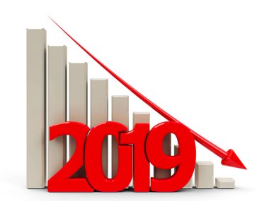 Yıl 2019 azalma, üç boyutlu render, 3d illüstrasyon kırmızı iş grafik aşağı, kırmızı ok ile temsil eder