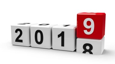 Beyaz küpleri ile 2018-2019 değişiminde bir beyaz masa temsil yeni 2019, üç boyutlu render, 3d çizim