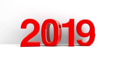 Kırmızı 2019 simge, simge veya beyaz duvar, butonunu temsil eden yeni yıl 2019, üç boyutlu render, 3d çizim