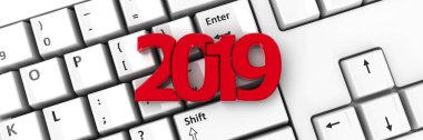 bilgisayar klavye arka plan üzerinde 2019 simgenin temsil ettiği yeni yıl 2019, üç boyutlu render, 3d çizim