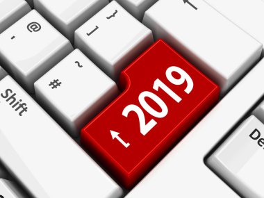 Bilgisayar klavye 2019 ile girmek anahtar, üç boyutlu render, 3d çizim