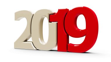 Kırmızı 2019 simge, simge veya beyaz zemin üzerine izole düğmesini temsil eden yeni yıl 2019, üç boyutlu render, 3d çizim
