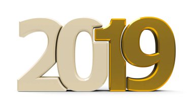Altın 2019 simge, simge veya beyaz zemin üzerine izole düğmesini temsil eden yeni yıl 2019, üç boyutlu render, 3d çizim