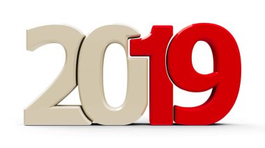Kırmızı 2019 simge, simge veya beyaz zemin üzerine izole düğmesini temsil eden yeni yıl 2019, üç boyutlu render, 3d çizim