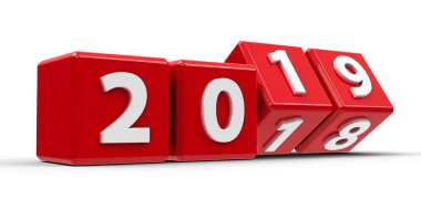 Beyaz masa temsil yeni 2019 değişiminde 2018-20189, üç boyutlu render, 3d illüstrasyon kırmızı küpler