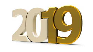Altın 2019 simge, simge veya beyaz zemin üzerine izole düğmesini temsil eden yeni yıl 2019, üç boyutlu render, 3d çizim