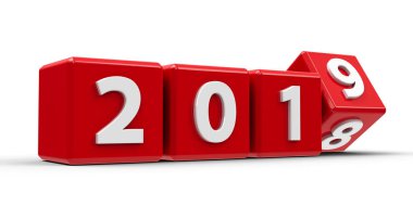 Beyaz masa temsil yeni 2019 değişiminde 2018-2019, üç boyutlu render, 3d illüstrasyon kırmızı küpler