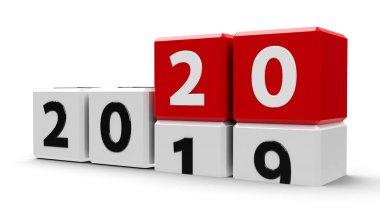 Beyaz bir tablo 2019-2020 değişiklikle beyaz küpleri temsil eden yeni 2020 yılı, üç boyutlu render, 3d çizim