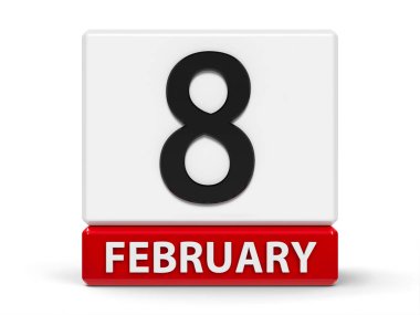 Kırmızı ve beyaz takvim simgesini küpleri - sekizinci Şubat - beyaz masa, üç boyutlu render, 3d çizim