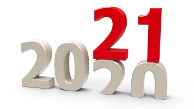 2020-2021 değişimi yeni yılı temsil ediyor. 2021, üç boyutlu çizim, üç boyutlu illüstrasyon.