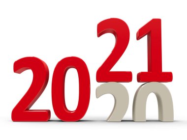 2020-2021 değişimi yeni yılı temsil ediyor. 2021, üç boyutlu çizim, üç boyutlu illüstrasyon.