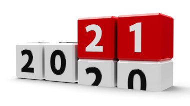Beyaz bir tabloda 2020-2021 yılları arasında değişen beyaz küpler yeni 2021 yılını temsil ediyor, üç boyutlu çizim, üç boyutlu illüstrasyon