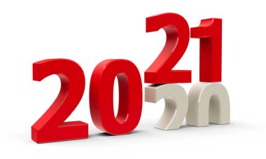2020-2021 değişimi yeni yılı temsil ediyor. 2021, üç boyutlu çizim, üç boyutlu illüstrasyon.