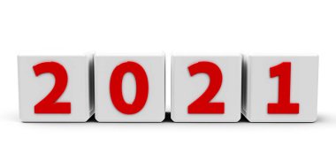 Kırmızı sayılı beyaz küpler- 2021 - beyaz bir masa üzerinde, üç boyutlu çizim, üç boyutlu illüstrasyon