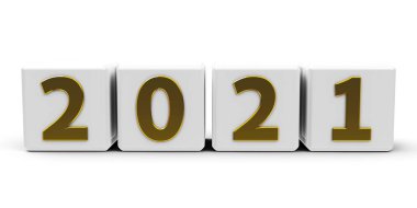 Beyaz küplerin üzerinde altın numarası - 2021 - beyaz bir masa üzerinde, üç boyutlu çizim, üç boyutlu illüstrasyon