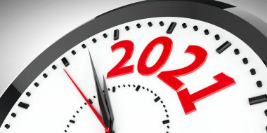 Siyah saat 2021 yılını temsil ediyor. Üç boyutlu çizim, üç boyutlu illüstrasyon.
