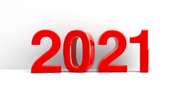 Kırmızı 2021 sembolü, beyaz duvardaki simge veya düğme, yeni yıl 2021 'i temsil ediyor, üç boyutlu çizim, üç boyutlu illüstrasyon