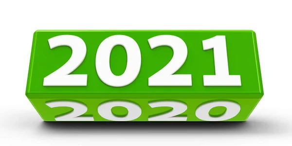 Cubo Verde Cuboide Com 2021 2020 Mudança Uma Tabela Branca — Fotografia de Stock