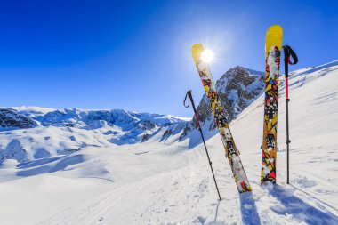 Ski with amazing view of 3 valeys famous mountains in beautiful winter snow of Courchevel, Meribel, France clipart