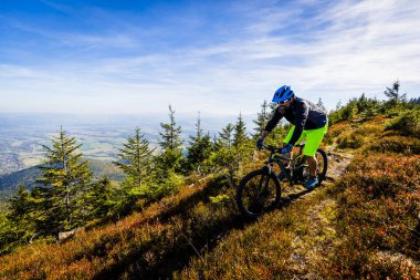 Sonbahar dağ orman manzara içinde Bisiklete binme Mountainbiker. Adam Bisiklete binme Mtb akışı iz parça. Açık spor aktivitesi.
