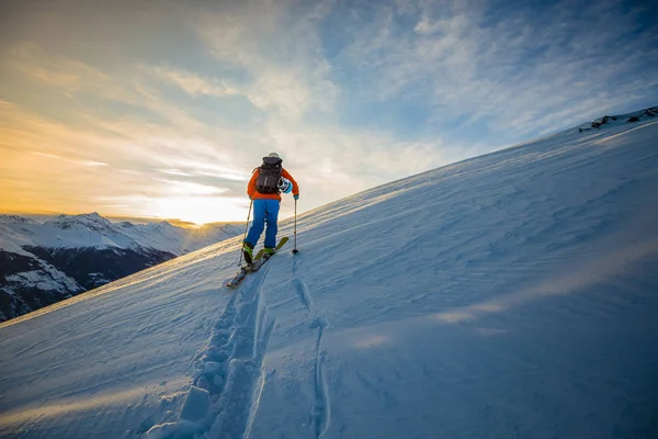 Skitouring Med Fantastisk Utsikt Över Schweiziska Berömda Berg Vackra Vinterpuder — Stockfoto