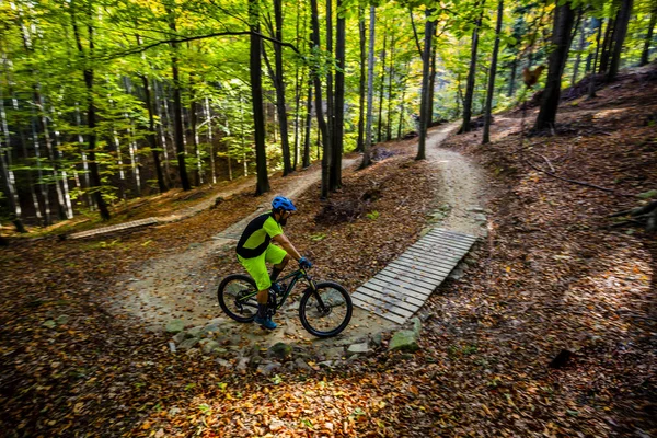 Mountain Biker Riding Bike Spring Mountains Forest Landscape Man Cycling — Stock Photo, Image