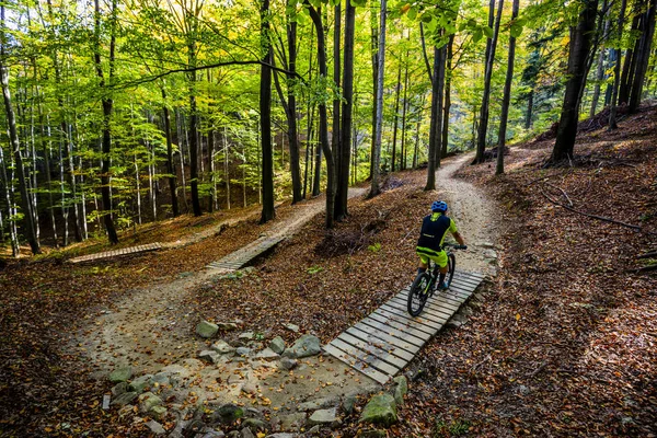 Mountain Biker Riding Bike Spring Mountains Forest Landscape Man Cycling — Stock Photo, Image