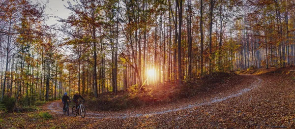 Ciclismo Ciclista Montaña Pareja Carril Bici Bosque Otoño Ciclismo Montaña — Foto de Stock