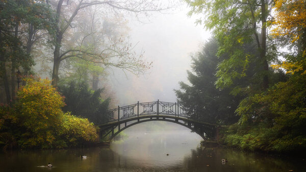 Scenic view of misty autumn landscape with beautiful old bridge in the garden with red maple foliage.