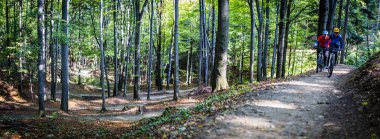 Dağ bisikleti kadın ve erkek erken Bahar dağlar motosiklet sürme manzara orman. MTB enduro akışı iz Bisiklete binme çift izlemek. Açık spor aktivitesi.