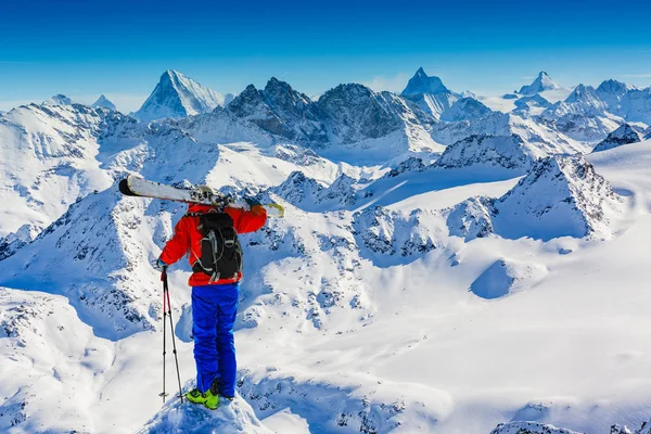 Ski Avec Vue Imprenable Sur Les Montagnes Suisses Célèbres Dans — Photo