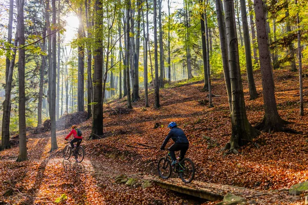 Cycling Mountain Biker Couple Cycle Trail Autumn Forest Mountain Biking — Stock Photo, Image