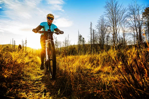 山自転車に乗る女秋山森林風景の中の自転車に乗って 女性サイクリング Mtb 流れ道のトラック アウトドア スポーツ活動 — ストック写真