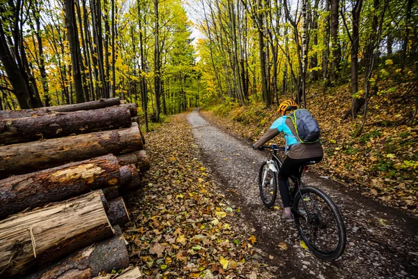 Mountain biking woman riding on bike in autumn mountains forest landscape. Woman cycling MTB flow trail track. Outdoor sport activity.